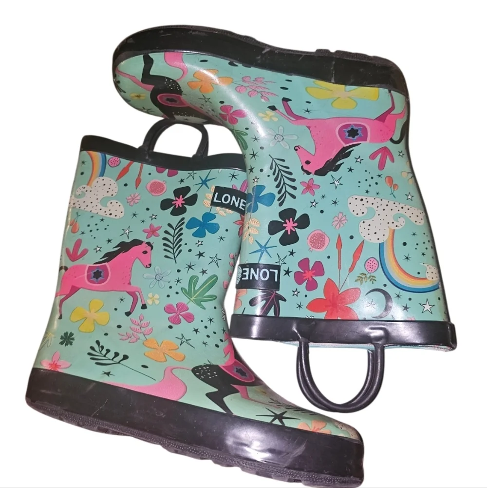 Lone Cone Kids' Mint Floral Horse Rain Boots